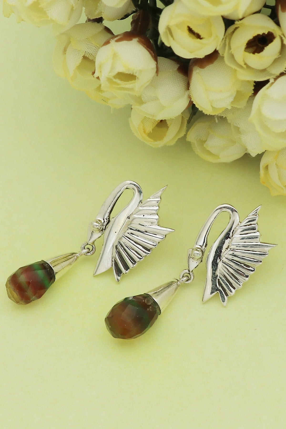 White Finish Flourite Swan Dangler Earrings In Sterling Silver