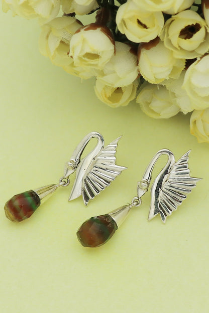 White Finish Flourite Swan Dangler Earrings In Sterling Silver