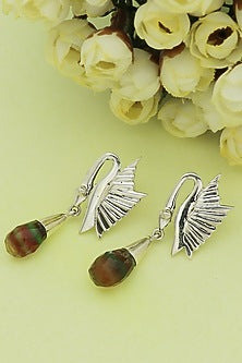 White Finish Flourite Swan Dangler Earrings In Sterling Silver