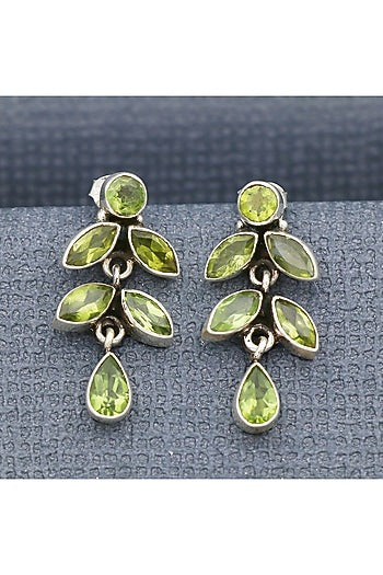 White Finish Peridot Spring Dangler Earrings In Sterling Silver