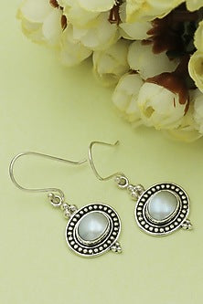 Oxidised Finish Pearl Tribal Dangler Earrings In Sterling Silver