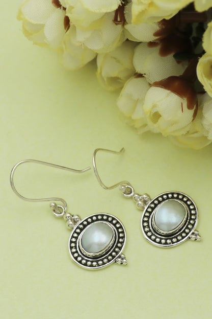 Oxidised Finish Pearl Tribal Dangler Earrings In Sterling Silver