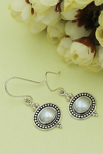 Oxidised Finish Pearl Tribal Dangler Earrings In Sterling Silver