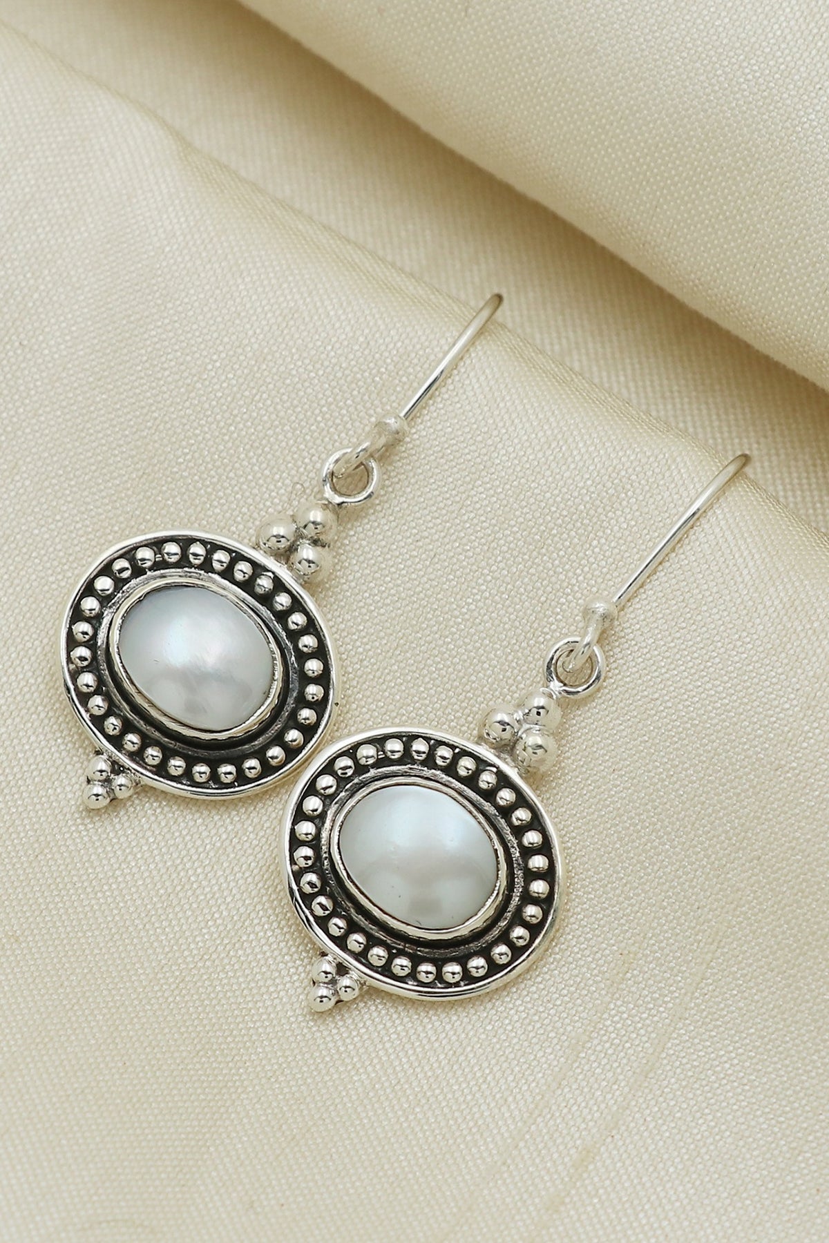 Oxidised Finish Pearl Tribal Dangler Earrings In Sterling Silver