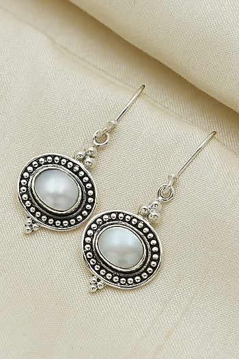 Oxidised Finish Pearl Tribal Dangler Earrings In Sterling Silver
