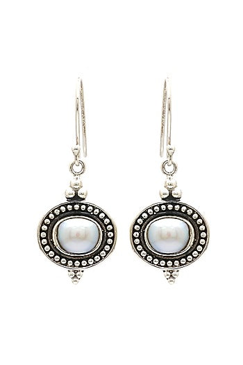 Oxidised Finish Pearl Tribal Dangler Earrings In Sterling Silver