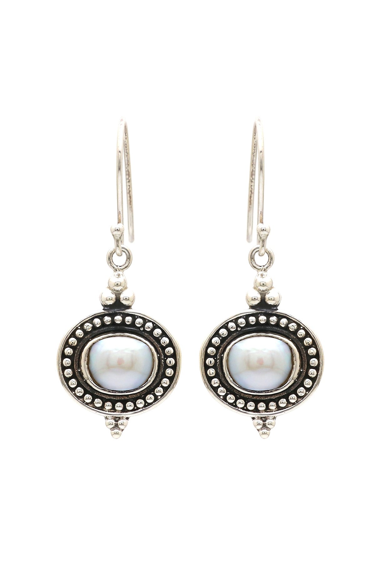 Oxidised Finish Pearl Tribal Dangler Earrings In Sterling Silver