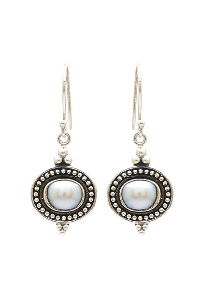 Oxidised Finish Pearl Tribal Dangler Earrings In Sterling Silver