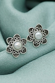 Oxidised Finish Pearl Stud Earrings In Sterling Silver
