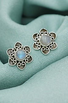 Oxidised Finish Moonstone Stud Earrings In Sterling Silver