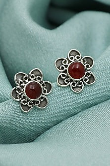 Oxidised Finish Red Onyx Stud Earrings In Sterling Silver