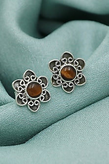 Oxidised Finish Tigers Eye Stud Earrings In Sterling Silver