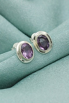 Oxidised Finish Amethyst Stud Earrings In Sterling Silver