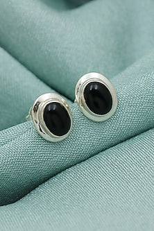 Oxidised Finish Black Onyx Stud Earrings In Sterling Silver