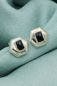 Oxidised Finish Black Onyx Stud Earrings In Sterling Silver