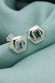 Oxidised Finish Blue Topaz Stud Earrings In Sterling Silver