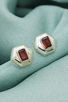 Oxidised Finish Garnet Stud Earrings In Sterling Silver