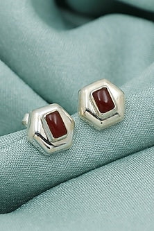 Oxidised Finish Red Onyx Stud Earrings In Sterling Silver