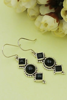 Oxidised Finish Black Onyx Tribal Dangler Earrings In Sterling Silver