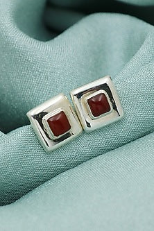 Oxidised Finish Red Onyx Stud Earrings In Sterling Silver