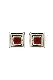 Oxidised Finish Red Onyx Stud Earrings In Sterling Silver