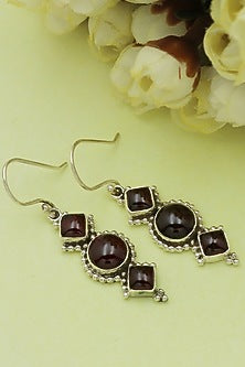 Oxidised Finish Garnet Tribal Dangler Earrings In Sterling Silver
