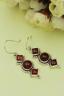 Oxidised Finish Red Onyx Tribal Dangler Earrings In Sterling Silver