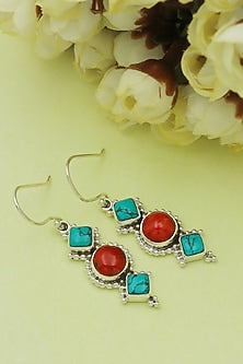 Oxidised Finish Turquoise Stone Tribal Dangler Earrings In Sterling Silver