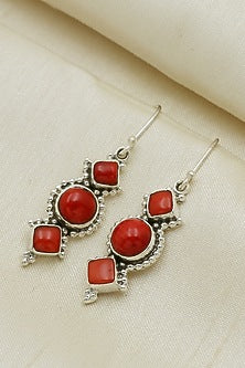 Oxidised Finish Coral Stone Tribal Dangler Earrings In Sterling Silver