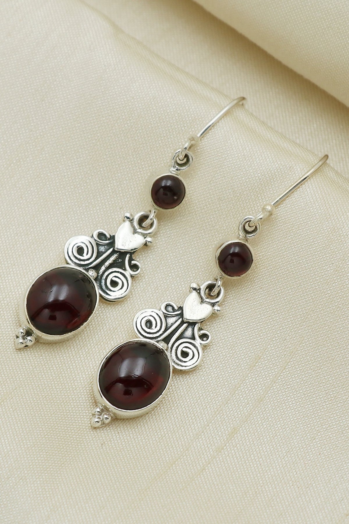 Oxidised Finish Garnet Tribal Dangler Earrings In Sterling Silver