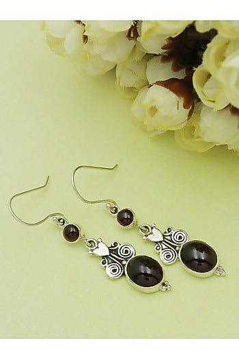 Oxidised Finish Garnet Tribal Dangler Earrings In Sterling Silver