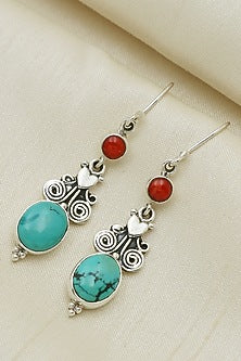 Oxidised Finish Turquoise Stone Tribal Dangler Earrings In Sterling Silver