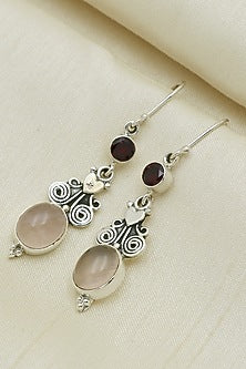 Oxidised Finish Rose Quartz Tribal Dangler Earrings In Sterling Silver