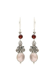Oxidised Finish Rose Quartz Tribal Dangler Earrings In Sterling Silver