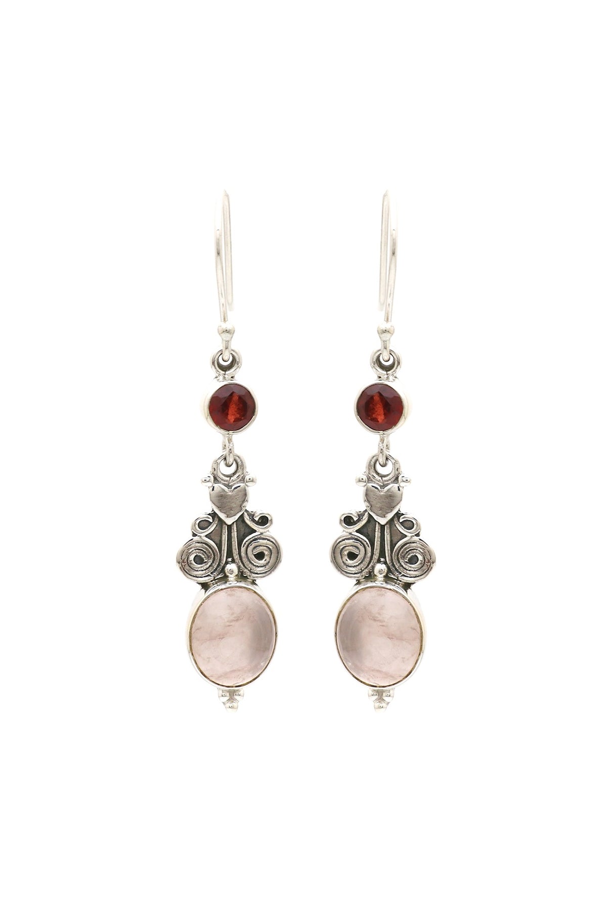 Oxidised Finish Rose Quartz Tribal Dangler Earrings In Sterling Silver