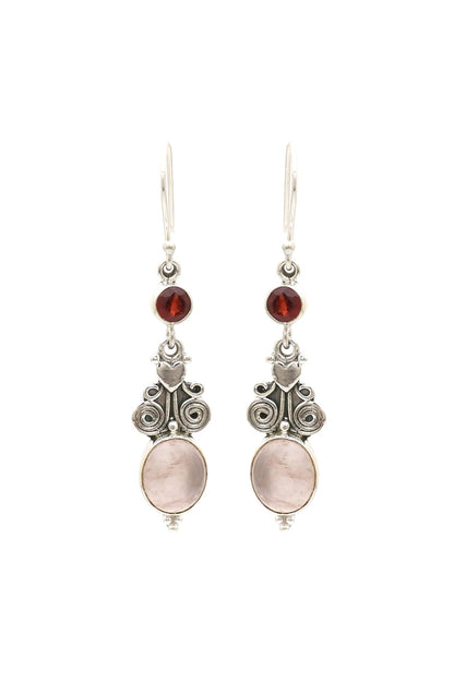 Oxidised Finish Rose Quartz Tribal Dangler Earrings In Sterling Silver