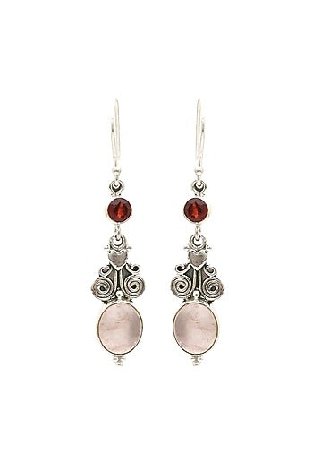 Oxidised Finish Rose Quartz Tribal Dangler Earrings In Sterling Silver