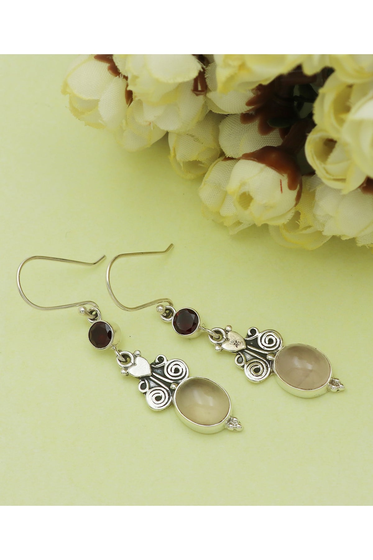 Oxidised Finish Rose Quartz Tribal Dangler Earrings In Sterling Silver