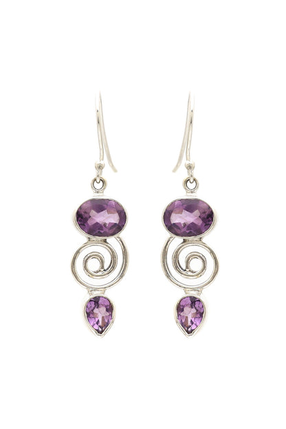 White Finish Purple Amethyst Dangler Earrings In Sterling Silver