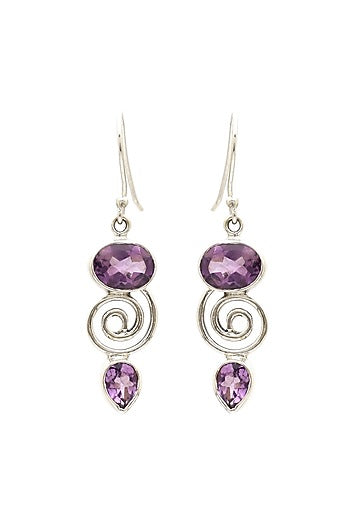White Finish Purple Amethyst Dangler Earrings In Sterling Silver