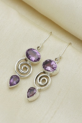White Finish Purple Amethyst Dangler Earrings In Sterling Silver