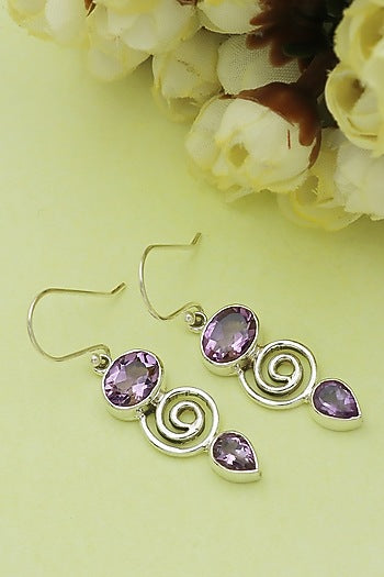 White Finish Purple Amethyst Dangler Earrings In Sterling Silver