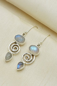 White Finish Blue Moon Stone Dangler Earrings In Sterling Silver
