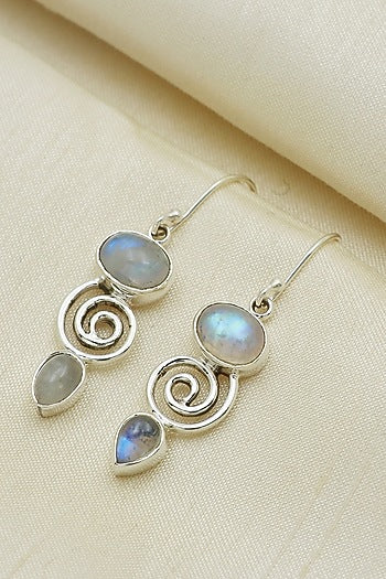 White Finish Blue Moon Stone Dangler Earrings In Sterling Silver
