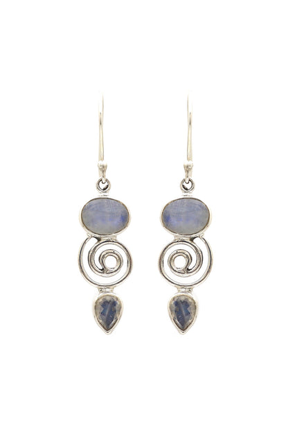 White Finish Blue Moon Stone Dangler Earrings In Sterling Silver