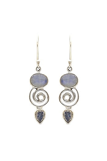 White Finish Blue Moon Stone Dangler Earrings In Sterling Silver