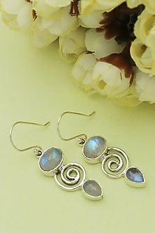 White Finish Blue Moon Stone Dangler Earrings In Sterling Silver