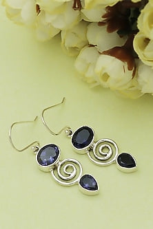 White Finish Blue Iolite Stone Dangler Earrings In Sterling Silver