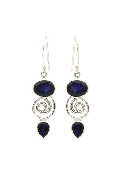 White Finish Blue Iolite Stone Dangler Earrings In Sterling Silver