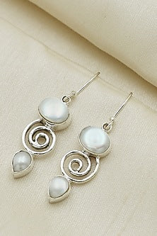 White Finish Pearl Dangler Earrings In Sterling Silver